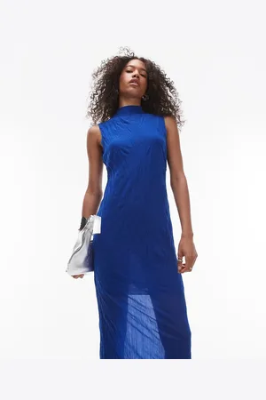 Topshop Sleeveless relaxed crinkle midi dress in cobalt
