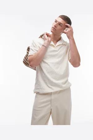 Topman Oversized fit jersey polo with jacquard in ecru