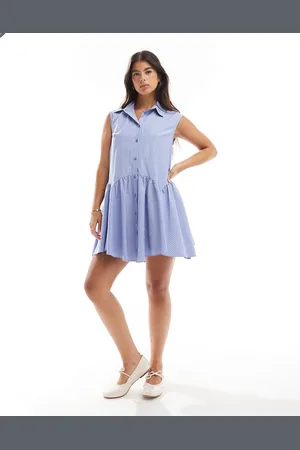 ASOS Sleeveless mini shirt dress with corset waist detail in blue stripe
