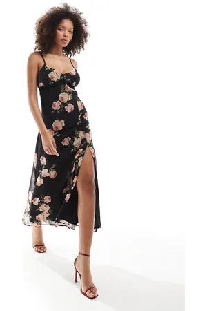 Miss Selfridge Chiffon lace trim maxi slip dress in oversized rose print