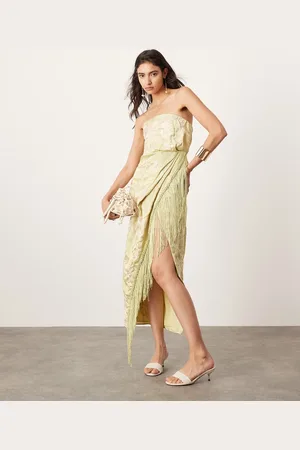 ASOS Embroidered drape bandeau midi dress with fringe in olive