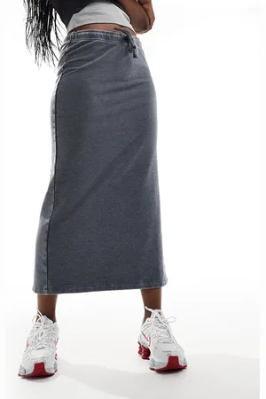 Monki Midi jogger skirt with split and drawstring waist in washed charcoal grey