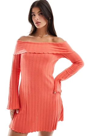 Pieces® Off the shoulder ribbed mini dress with lettuce edge detail in