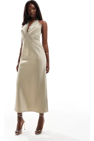 Rare Fashion London lace trim satin midaxi dress in olive