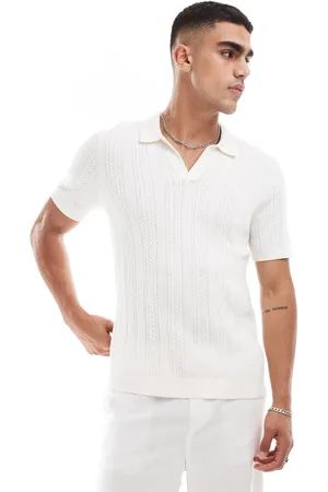 Abercrombie & Fitch Stitch texture stripe open collar knit polo in cream