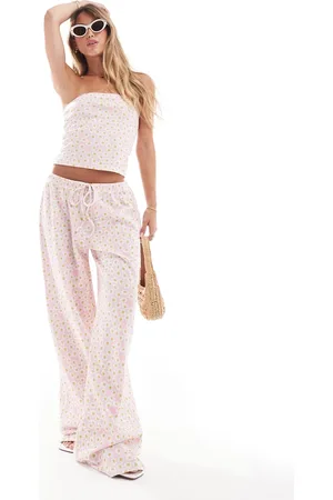 ASOS Wide leg waffle trouser co-ord in pink floral print