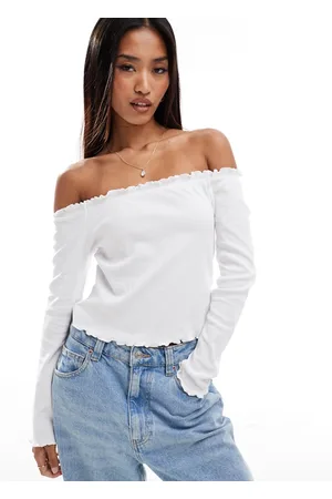Pieces® Off the shoulder long sleeved top with lettuce edge detailing in