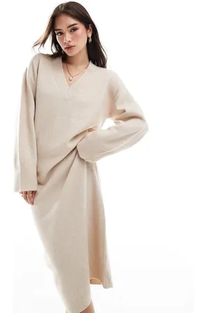ASOS Knitted v neck midaxi dress in oatmeal