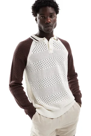 ASOS Relaxed knitted pointelle button through polo in ecru with brown contrast sleeves