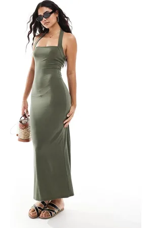 ASOS Bodycon midi dress with halter strap in khaki