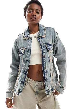 Noisy May Denim jacket with open fray in acid wash