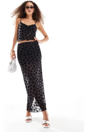 Monki Co-ord double layer mesh flock velvet maxi skirt in