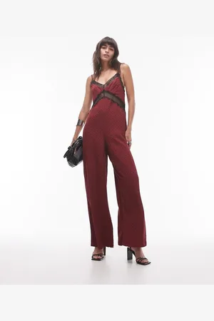 Topshop Midi jacquard jumpsuit in burgundy with black lace bust dress