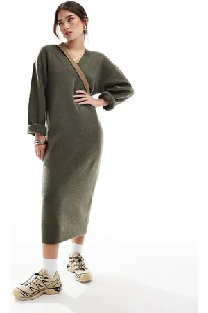 ASOS Knitted v neck midaxi dress in khaki