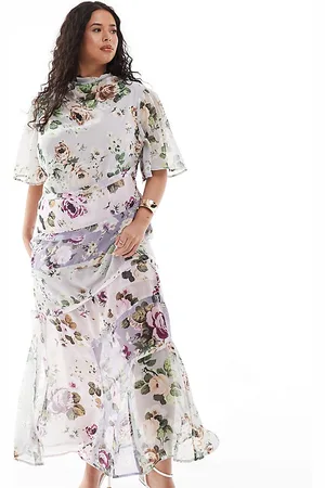 ASOS ASOS DESIGN Curve high neck 3/4 sleeve split midi dress in lilac floral print