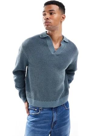 ASOS Oversized knitted notch neck polo in plated rib