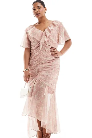 ASOS ASOS DESIGN Curve ruched high-low hem fitted Midi dress in pink floral