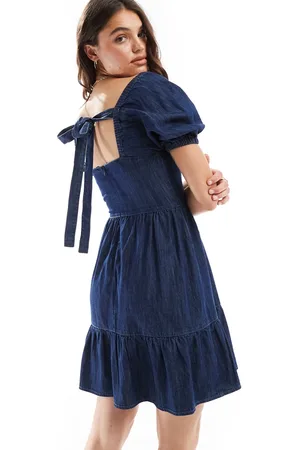 Miss Selfridge Puff sleeve denim mini dress in wash