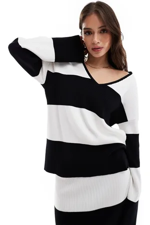 4th & Reckless V neck oversized jumper co-ord in black and white stripe