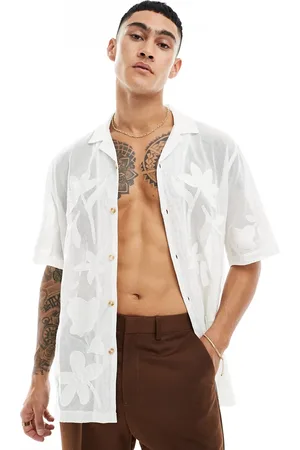 ASOS Short sleeve mesh revere shirt with embroidery in ecru