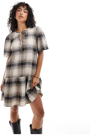 JDY Seersucker midi dress in beige check