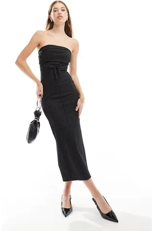ASOS Bengaline bandeau midi dress with bow waist detail in pin stripe