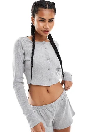 Monki Co-ord cropped button up cotton cardigan in melange