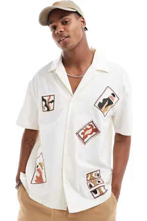 Bershka Floral embroidered stitch shirt in beige