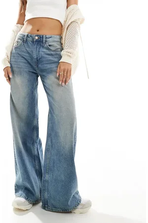 Bershka High waisted wide leg jeans in dirty mid wash