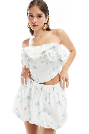 ASOS Off shoulder puff detail bandeau co-ord in blue and white floral