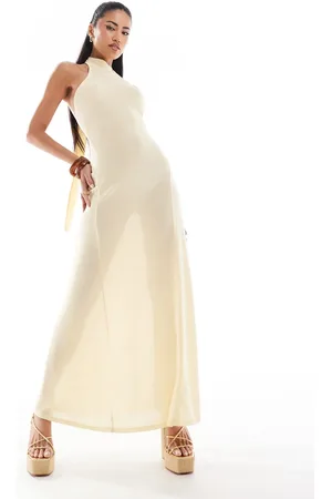 ASOS Halter godet maxi dress with tie back in buttermilk knit