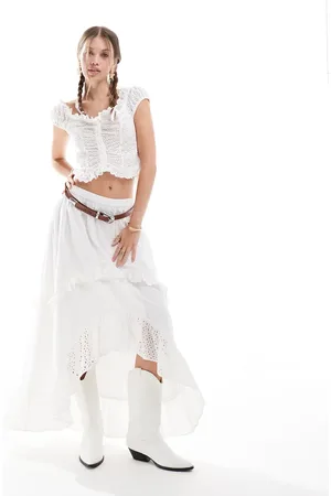 Miss Selfridge Festival broderie hi low hem ruffle maxi skirt in ivory