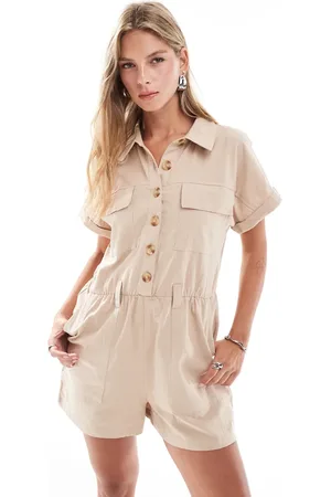 Brave Soul Linen utility style playsuit in stone with tie waist detail