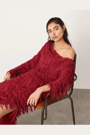 ASOS Fringe slouchy off shoulder maxi dress in red