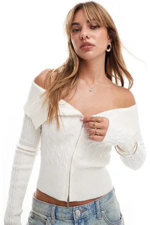 Bershka Bardot zip front cable knit jumper in