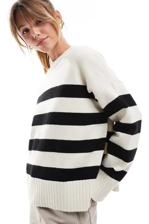 Bershka Chunky crew neck jumper in ecru & stripe