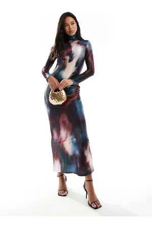 DASKA Satin high neck maxi dress in dark based swirl print