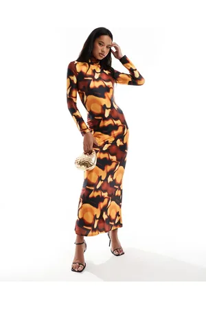 DASKA High neck maxi dress in jersey in brown print