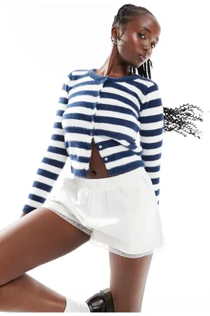 Daisy Street Fluffy knit micro cardigan in white navy stripe