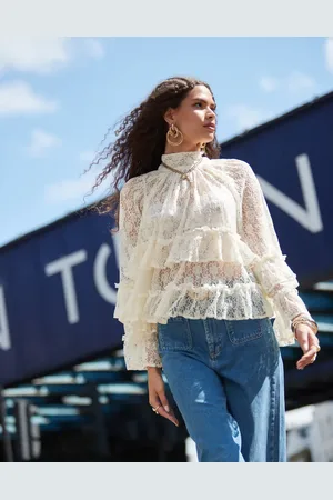 ASOS High neck lace tiered top in cream