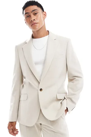 ASOS Slim wool blend suit jacket in stone herringbone