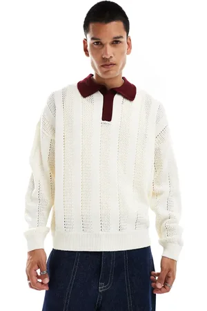 ASOS Oversized boxy fit ribbed polo jumper in ecru with burgundy collar
