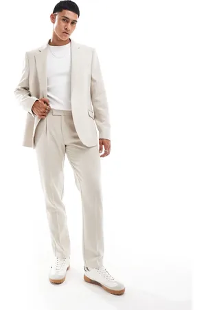 ASOS Slim wool blend suit trousers in stone herringbone