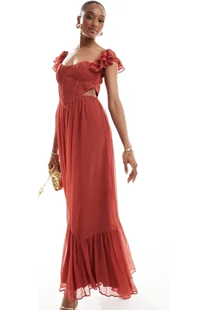 ASOS ASOS DESIGN Tall flutter sleeve corset cut out midi skater dress in rose