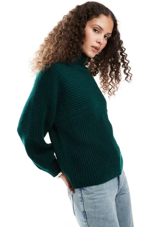 Monki Libby high neck knitted rib jumper in forest