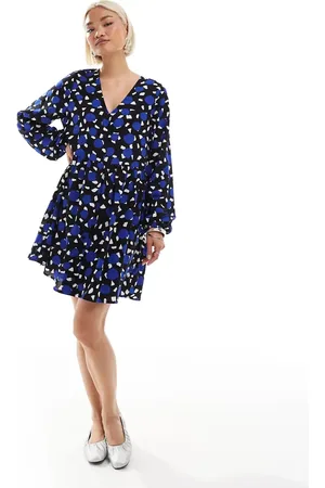 Monki Long sleeve mini dress in blue and black print