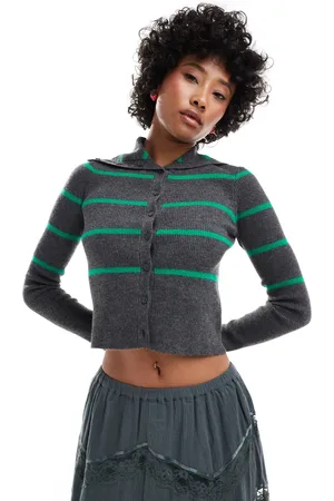 Urban Revivo Striped collar detail cardigan in charcoal