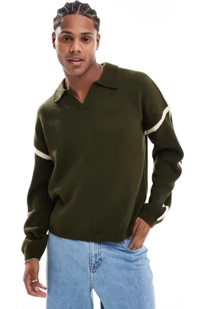 ASOS Relaxed knitted polo jumper with contrast panels in khaki
