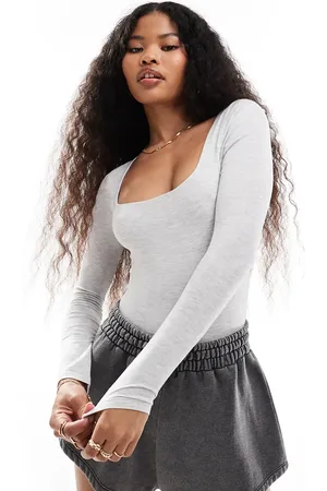 Miss Selfridge Long sleeve square neck bodysuit in marl