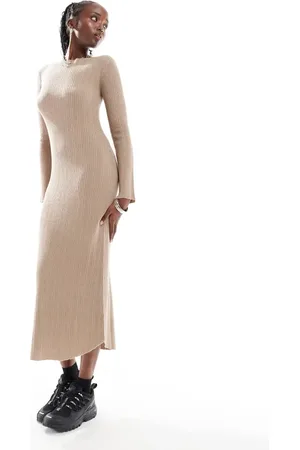 COLLUSION Slash neck maxi dress in taupe
